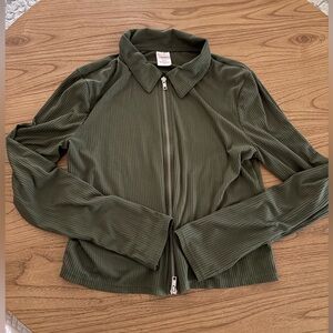No Boundaries Olive Green Ribbed Zip-Up Top